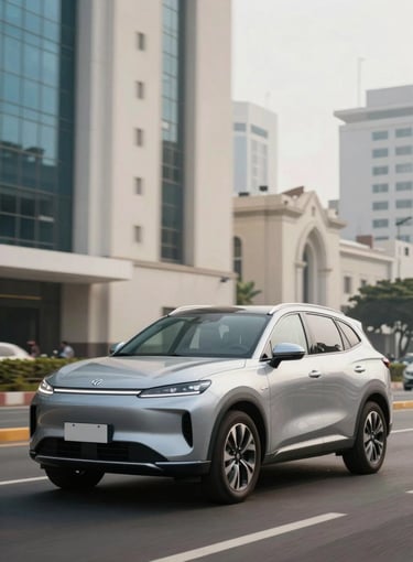 A modern silver SUV driving through the financial district of San Isidro in Lima, soft daylight, professional photography emphasizing vehicle security and protection, with soft off-white and medium blue tones in the environment.
