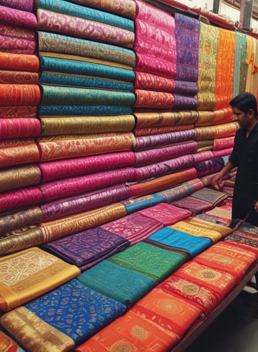 A vibrant collection of colorful Banarasi sarees hanging in a sunlit boutique, showcasing their detailed patterns.