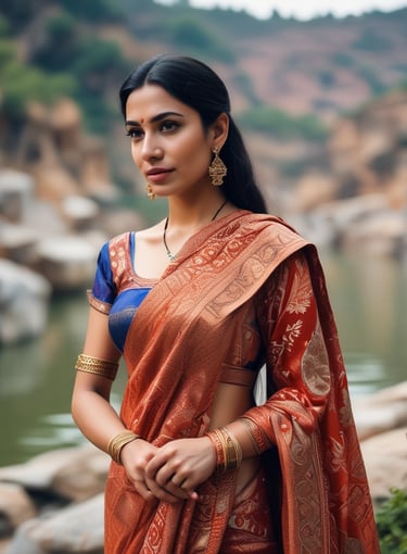 Indian woman in an elegant orange silk saree posing by a scenic river canyon with traditional jewelry.