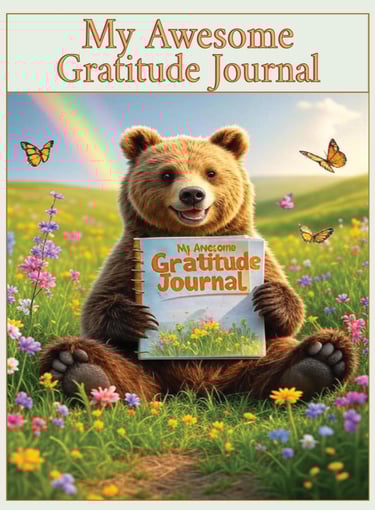 bear in field with flowers rainbow and journal