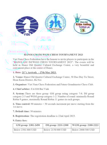 Hanoi GM-IM-WGM Chess Tournament 2023. Chess Club Kien Tuong Tuong Lai Vietnam. Vietnam Chess