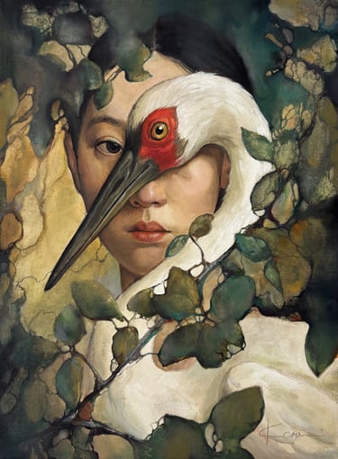 Painting titled 'Girl & Heron' featuring a person's face partially obscured by the head and long bea