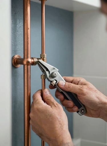 A close-up photograph of a professional plumber's hands in a Western European / French home, working with precision on copper pipes using high-quality tools. The lighting is bright and clean, reflecting a professional atmosphere with subtle dark slate blue and soft mist white tones in the background.