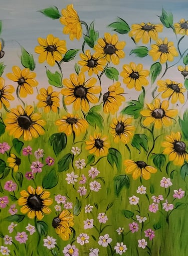 field of sunflowers and wildflowers in acrylic