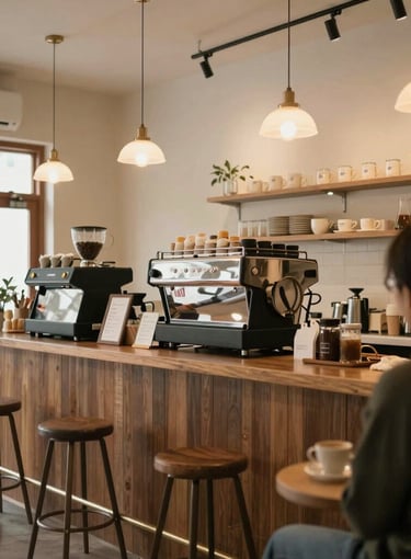 A premium, minimalist lifestyle shot of an espresso machine portafilter with freshly ground coffee, placed on a clean marble counter. Turkish / Anatolian coffee shop ambiance, bright and sharp.