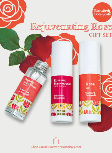 Rejuvenating Rose gift set social graphic featuring three skincare products and red roses