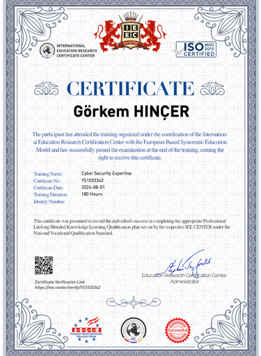 Official Cyber Security Expertise certificate issued to Görkem Hinçer by the International Education Research Certification