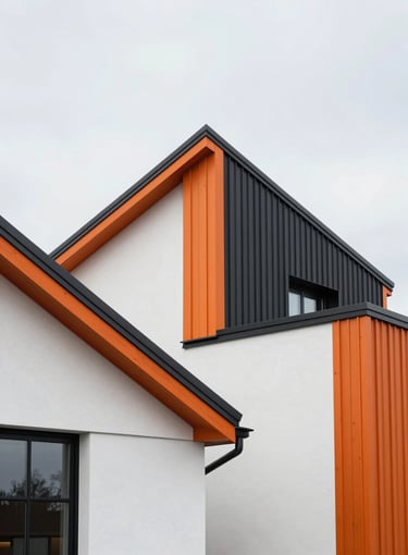 A clean, minimalist logo-style graphic representing modern Finnish architecture, featuring stylized rooflines in vivid orange and near black colors against a white backdrop.