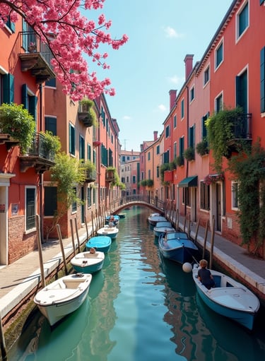 a canal with boats and a bridge in the background