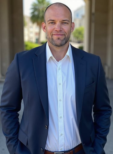 Matti Kesti in a suit standing in front of a building.