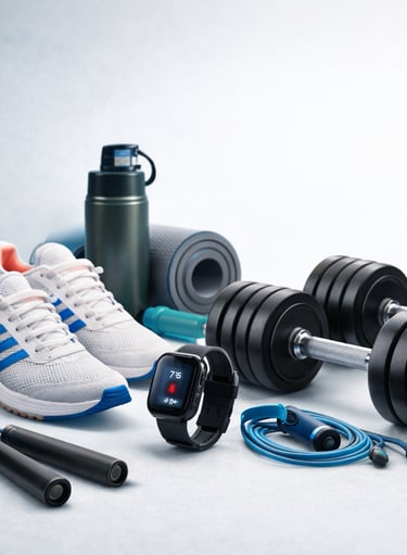 Fitness and sports equipment including dumbbells, workout accessories and athletic gear