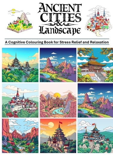 Ancient Cities and landscapes Colouring book cover