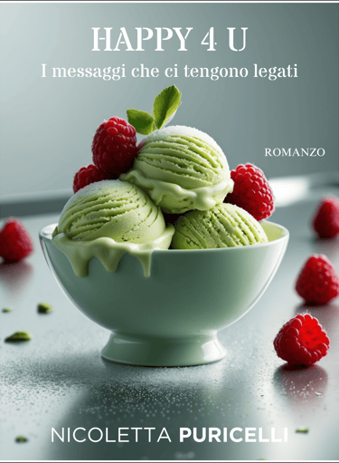 Una coppa di gelato al pistacchio con dei lamponi rossi sopra e intorno sul tavolo in acciaio
