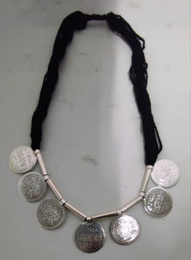 "Bohemian-style necklace with artificial coins on black silk thread tribal fusion jewelry-Fit for export"