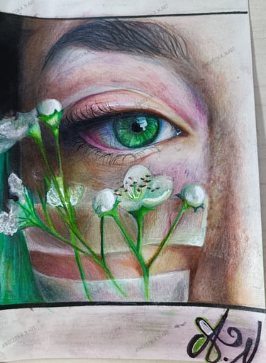 Original Pinterest drawing. Green eye with flowers. Mixed Media drawing. Realistic green eye. Art by Angelina.N ArtNess