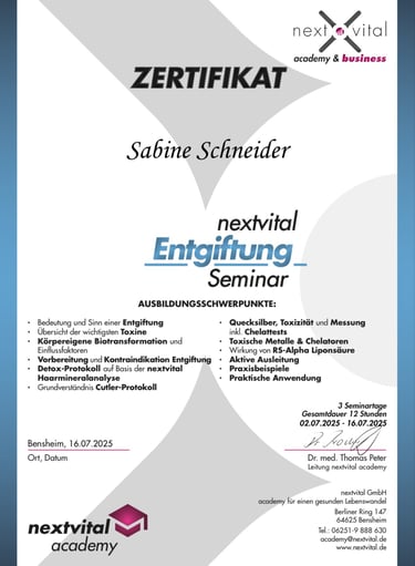 Zertifikat „Entgiftungs-Seminar“ der NextVital Academy – Weiterbildung in ganzheitlicher Entgiftung,