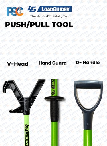 Hands-free lifting safety website design for PSC LoadGuider push pull stick with blue footer and cle