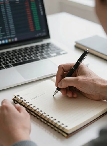 Close-up of hands writing notes in a financial notebook on a desk, market data visible on a laptop screen in the background, clean natural daylight, editorial framing