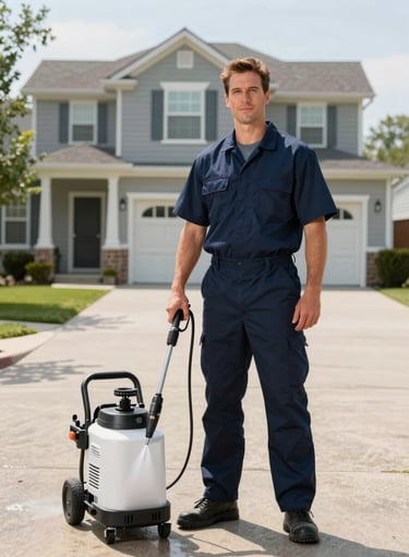 A professional North American / US male technician in a clean, dark navy blue uniform standing proudly next to his pressure washing equipment in a sunny driveway. The background shows a pristine, recently washed home. High-end photography style.