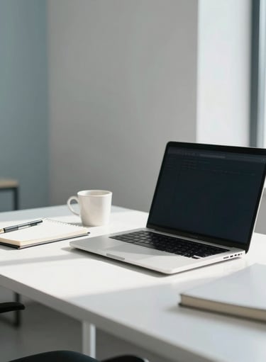 A high-end, bright North American home office with a minimalist desk, silver laptop, and a notebook, captured with natural morning light and soft blue and white tones to suggest professional efficiency.