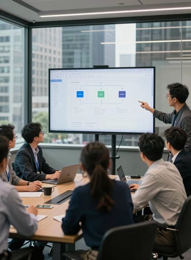 A professional team of developers collaborating in a glass-walled conference room in a major North American city, looking at a wall-mounted screen displaying a clean website architecture.