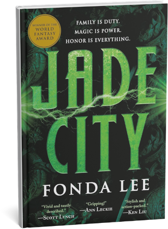 Jade City fantasy novel book cover by Fonda Lee, featuring glowing green text and a World Fantasy Award seal.