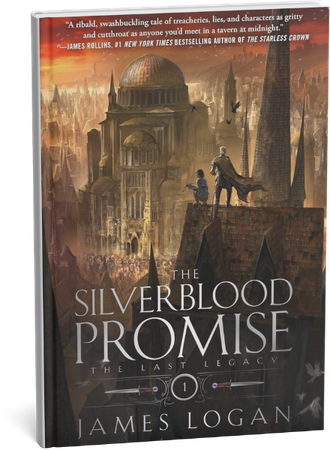 Fantasy novel cover for The Silverblood Promise by James Logan featuring characters on a rooftop overlooking a city.