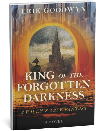 King of the Forgotten Darkness fantasy novel cover by Erik Goodwyn featuring a lone warrior and a dark castle.
