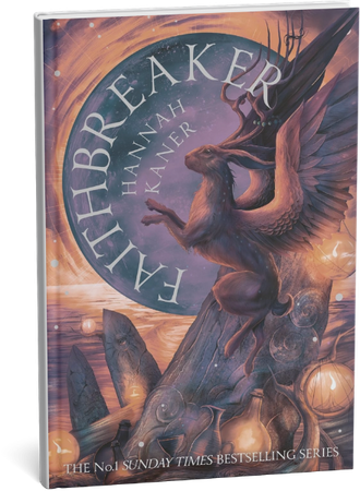 Faithbreaker by Hannah Kaner fantasy book cover featuring a winged jackalope on a wooden carving.
