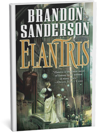 Elantris book cover by Brandon Sanderson featuring epic fantasy art of characters in a mystical city.