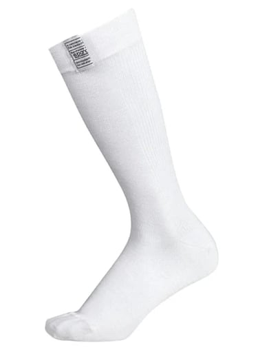 White Sparco fireproof racing socks made from Nomex for motorsports driver safety.