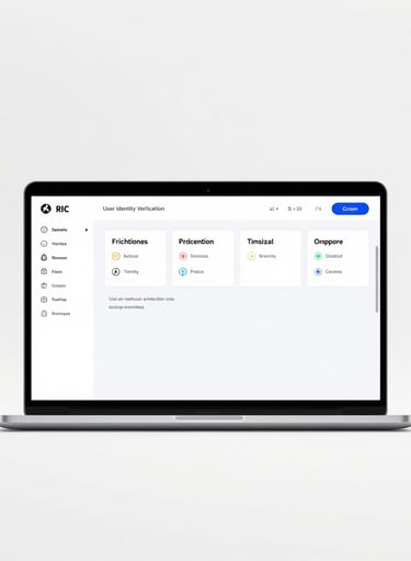 Clean modern UI dashboard mockup showing frictionless user identity verification flow, bright studio lighting, wide composition with ample white space