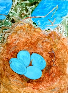 A painting of 4 robin eggs in a bird's nest on a tree branch