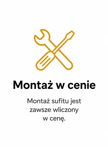 Yellow tool icon with Polish text stating professional ceiling installation is included in the price.