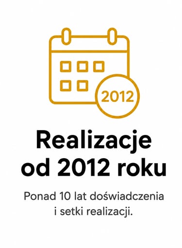 Yellow calendar icon with Polish text about projects and experience since 2012.