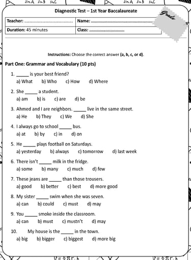 Diagnostic test for 1st year Baccalaureate for Moroccan English teachers