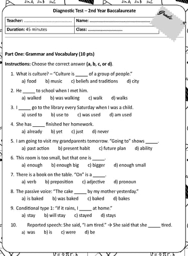 Diagnostic test for 2nd year Baccalaureate for Moroccan English teachers