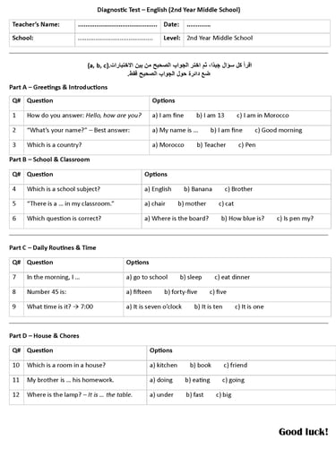Diagnostic test for 2nd year middle school for Moroccan English teachers