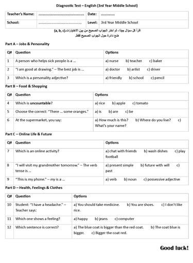 Diagnostic test for 3rd year middle school for Moroccan English teachers