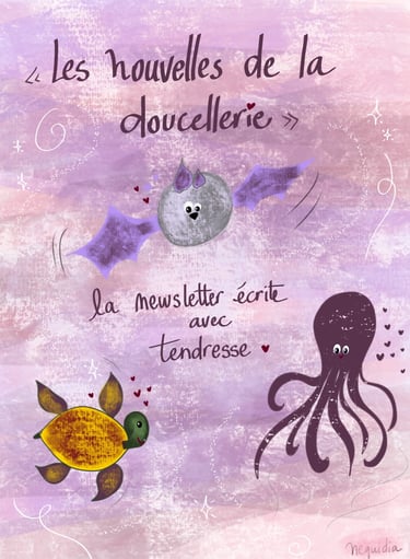 Illustration pastel de la newsletter Les nouvelles de la doucellerie avec personnages poétiques colorés.