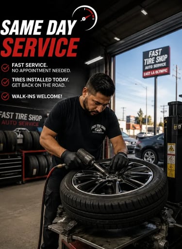 Professional same day tire service image for Fast Tire Shop East LA Olympic location featuring fast