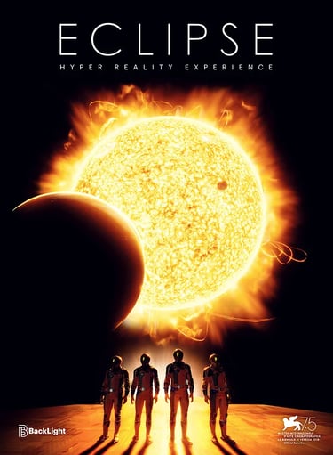 A group of people in front of the moon eclipsing the sun in the VR video game Eclipse VR