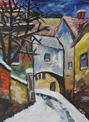 a painting of Vilnius' old town during a very cold winter day