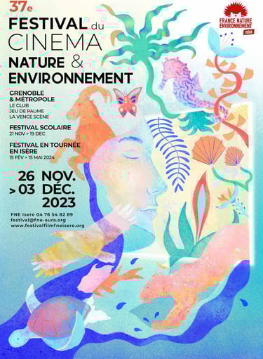 affiche illustrée représentant un visage regardant un écran d'où sortent des plantes et des animaux