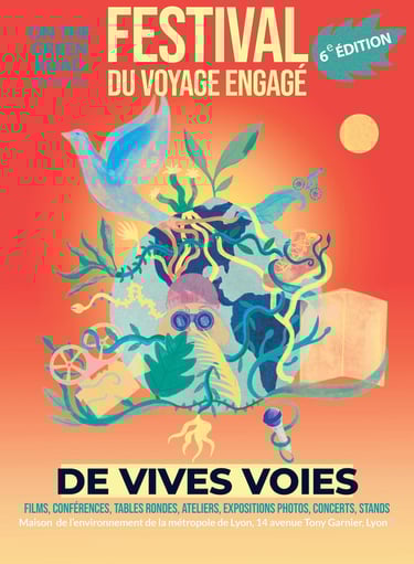affiche illustrée du 6e festival du voyage engagé représentant la planète Terre entourée d'oiseaux, d'arbres et plantes