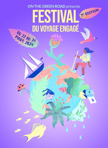 affiche illustrée du 7e festival du voyage engagé représentant la planète Terre entourée de poissons, d'arbres et plantes