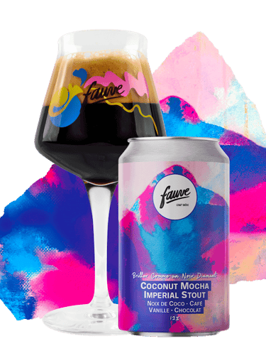 Verre et canette de bière fauve imperial stout sur fond multicolre