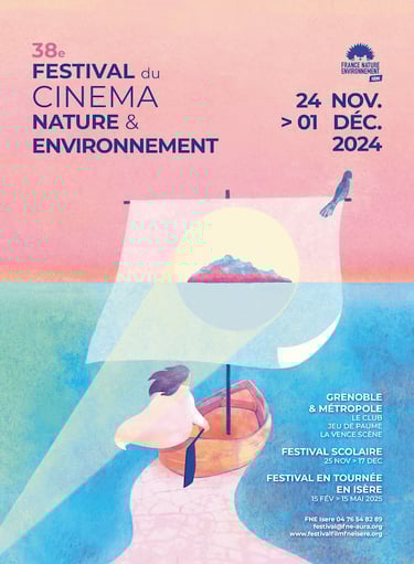 affiche illustrée représentant un bateau dont la voile est un écran de cinema et qui se dirige vers une île