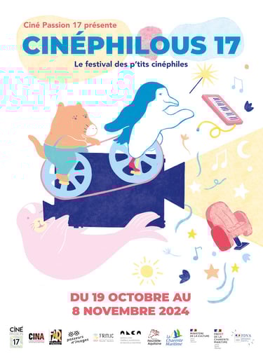 affiche illustrée représentant un pinguin chat et otarie projetant un film