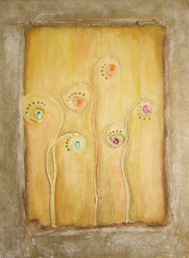 Textured mixed media painting of abstract spiral flowers in earthy gold and tan tones.